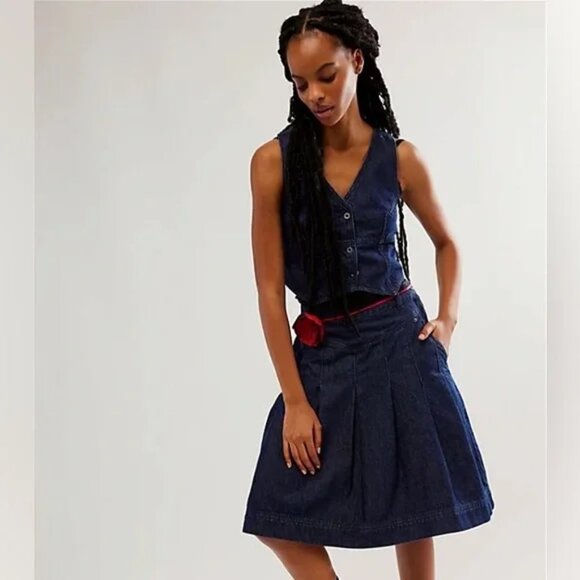 NWOT Free People Scout Denim Vest and Skirt Set in Teal Flower - Picture 3 of 14